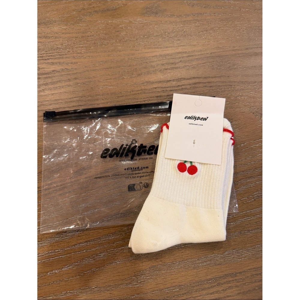 Edikted White Crew Socks Red Cherry Embroidered Ribbed ACC1002_WHITE OS